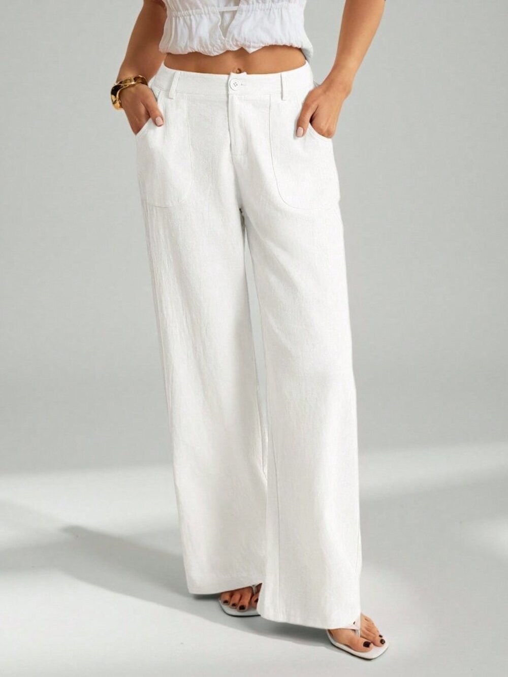 White Casual Women's Washed Low Waist Straight Pants - Picture 6 of 8